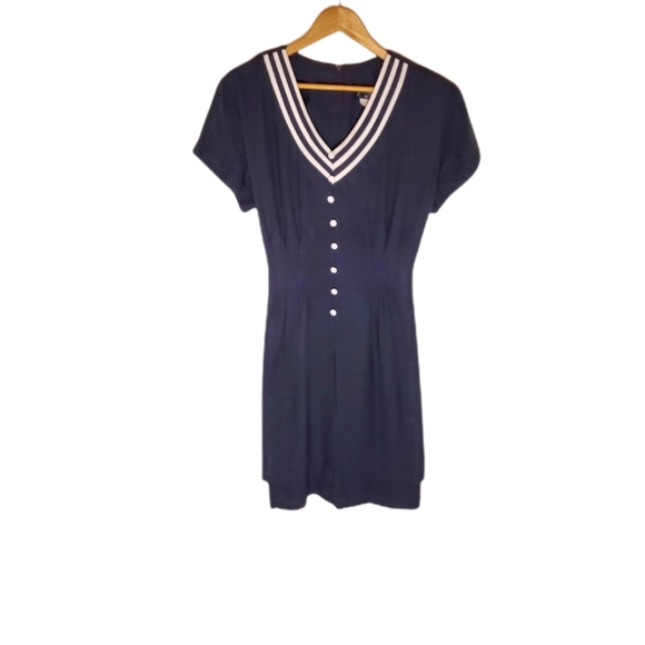 Ahoy Matey Navy Nautical Influenced Short Dress with White Striped Neckline - Picture 1 of 8
